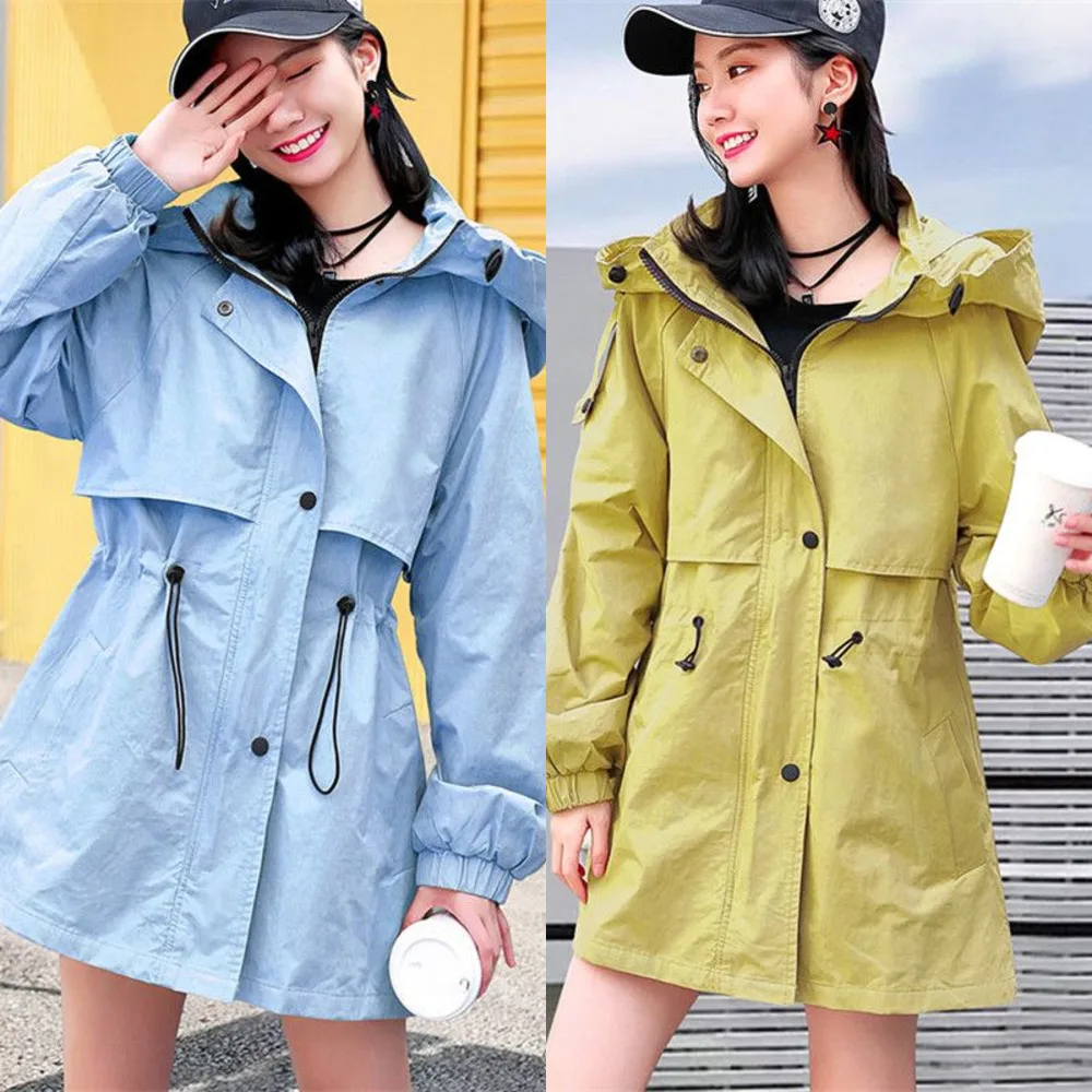 

WinterSpring Women's Casual Loose Trench Coat Hooded Windbreaker Pockets Button Lightweight Raincoat Overcoat M221