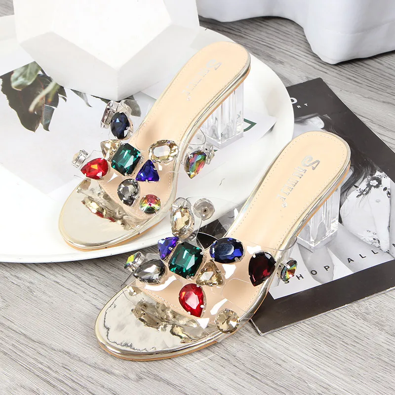 Новинка модные туфли на высоком каблуке со стразами женские шлепанцы Летняя