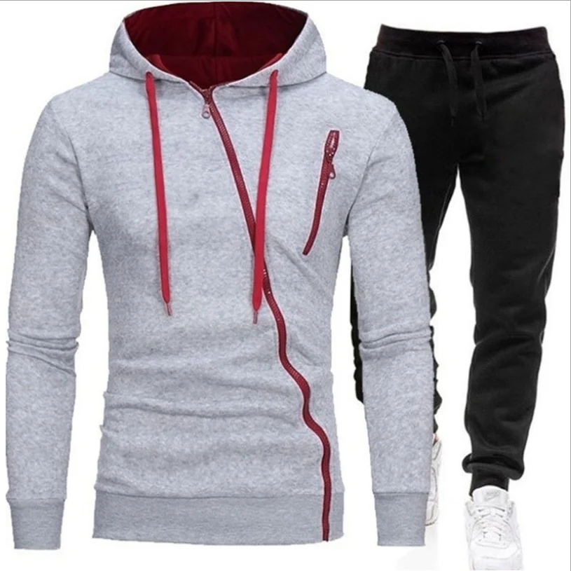 

2021 New Spring Autumn Men's Hot Sale Solid Color Fashion Zipper Hooded Pullover Casual Hip-Hop Two-Piece Sportswear