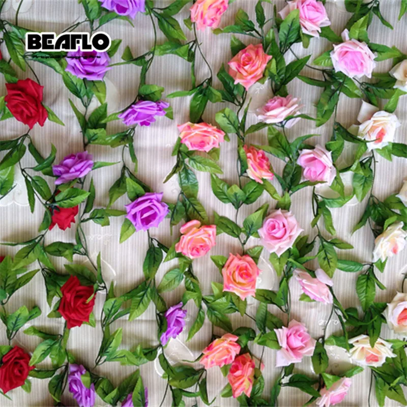 2 4 м шелка искусственные розы цветы ротанга строку лоза с зелеными листьями для