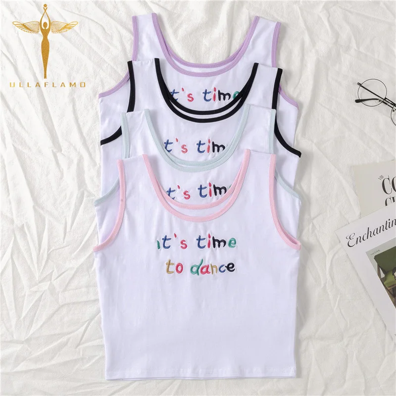 

Letter Embroidery O-Neck Tank Top Women's 2021 Contrast Color Sleeveless Bottom Crop Top Femme Skinny Casual Soprt Crop Tanks