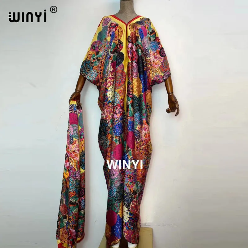 

2021 Sunmer Middle East Fashion Print Rayon WINYI Maxi Dress African Women Abaya Robe Long Dress Beach V-neck Bohemian Dress