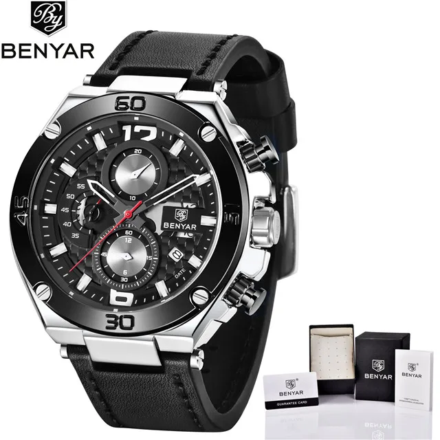 Silver black Новинка BENYAR Брендовые мужские кварцевые часы Роскошные Военные Спортивные Хронограф бизнес Водонепроницаемые кожаные часы Relogio Masculino - Цвет: Silver black