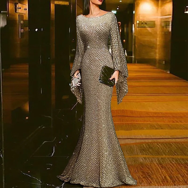 

New Women's Dress Long Sleeve Slim Dress Formal Wedding Dress Tulle Sexy Women Dresses Mermaid Evening Party Sequin Tight
