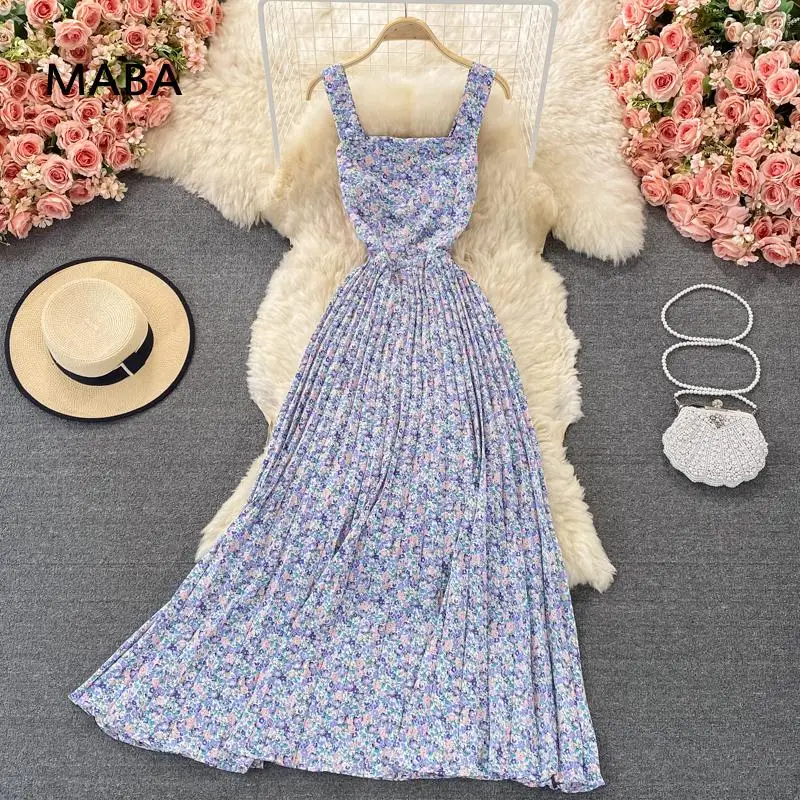 

2021 summer Vintage Pleated spaghetti strap dress women Square Collar sleeveless print streetwear Maxi Dress Beach Dress