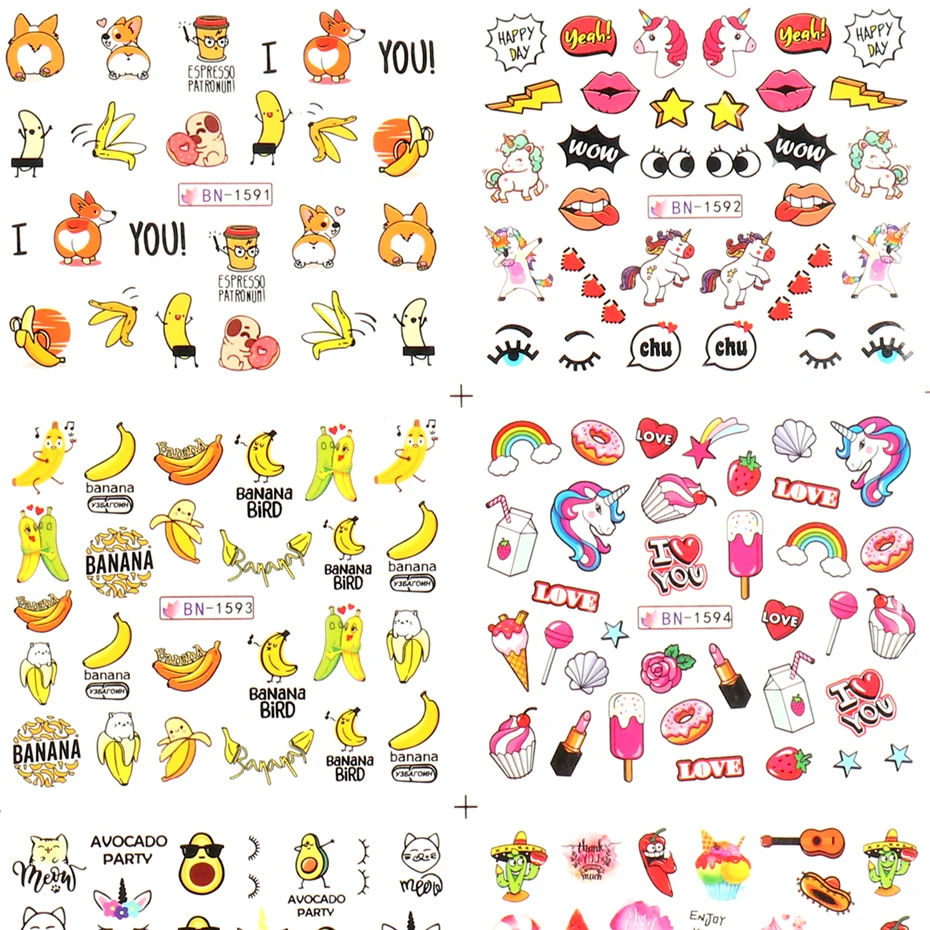 

12pc Cute Cartoon Water Decals Nail Art Stickers Fruit Banana Plant Character Transfer Foil Slider Manicrue Tattoo BEBN1585-1586