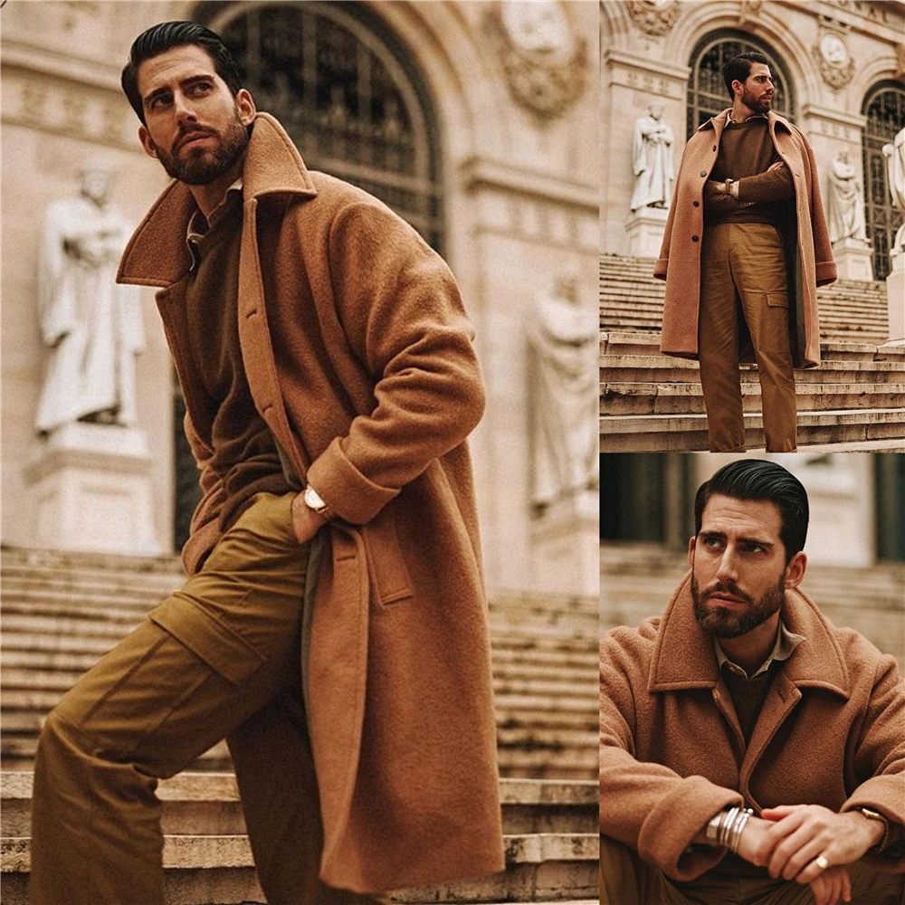 

Thich Warm Mens Long Coat Suits High Quality Brown Men Tuxedos Mens Prom Dinner Blazer Suit Only One Jacket