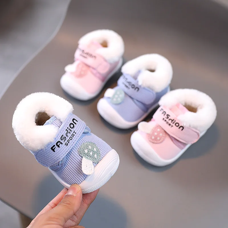 

Baby Boys Blue with Mushroom Children Cute Warm Cotton Shoes Kids Girls Fashion Hook & Loop Pink Non-slip First Walker Shoes New