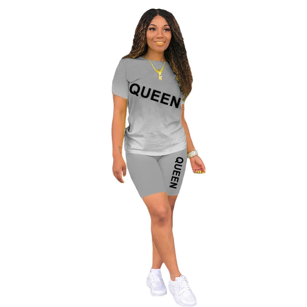 

Gradient Letter Print Short Sleeve Sporty Tshirts and Biker Shorts Casual Sweatsuit Activewear Workout Two Piece Set Tracksuits