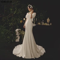 kaunissina elegant square collar satin mermaid wedding dresses women bow puff sleeve white sweep train corset bridal dress robe