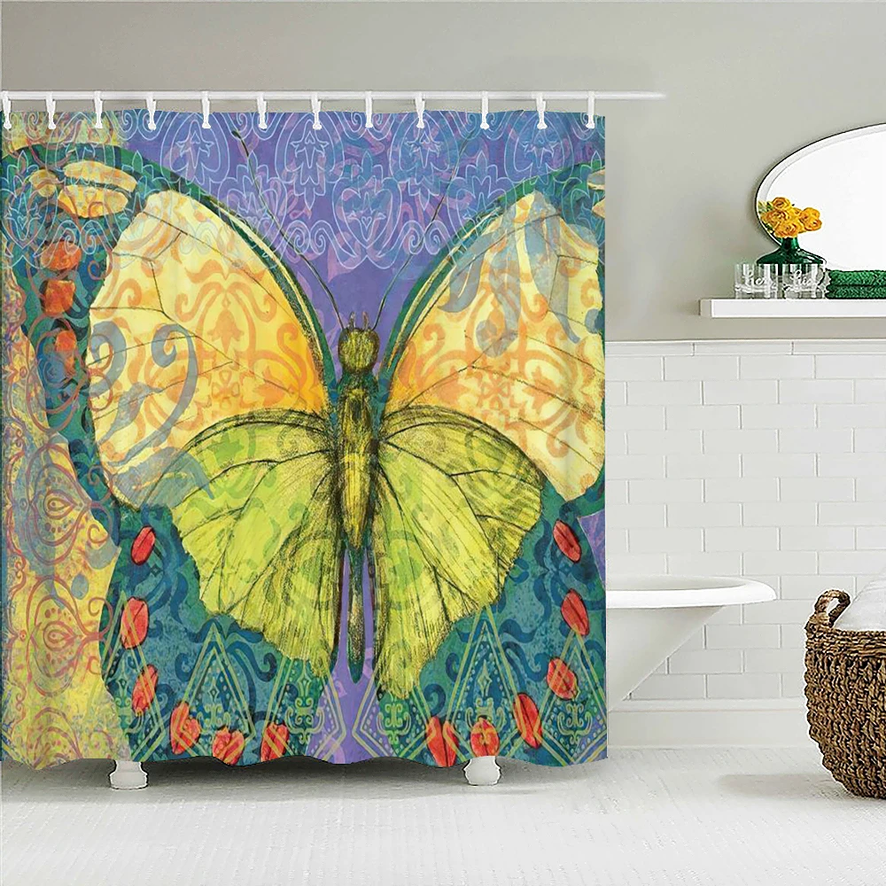 

Colorful Beautiful Butterfly Fabric Shower Curtain Bathroom Curtains Vintage Style Flowers 3D Printing Waterproof Bath Screen