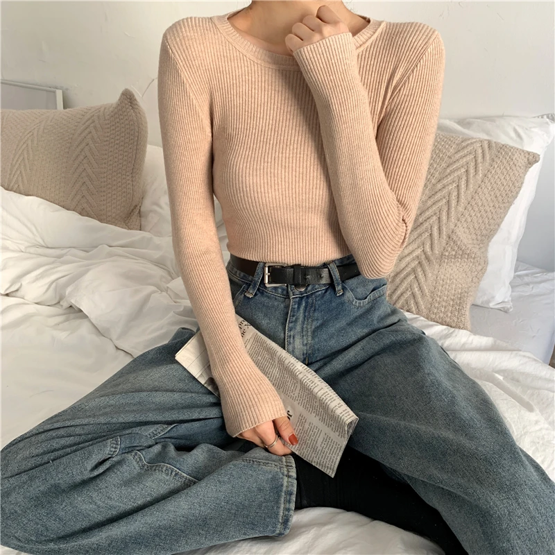 

Solid Color round Neck Pullover Bottoming Shirt for Women 2020 Autumn and Winter New Slim Fit Slimming Outer Wear Inner Wear