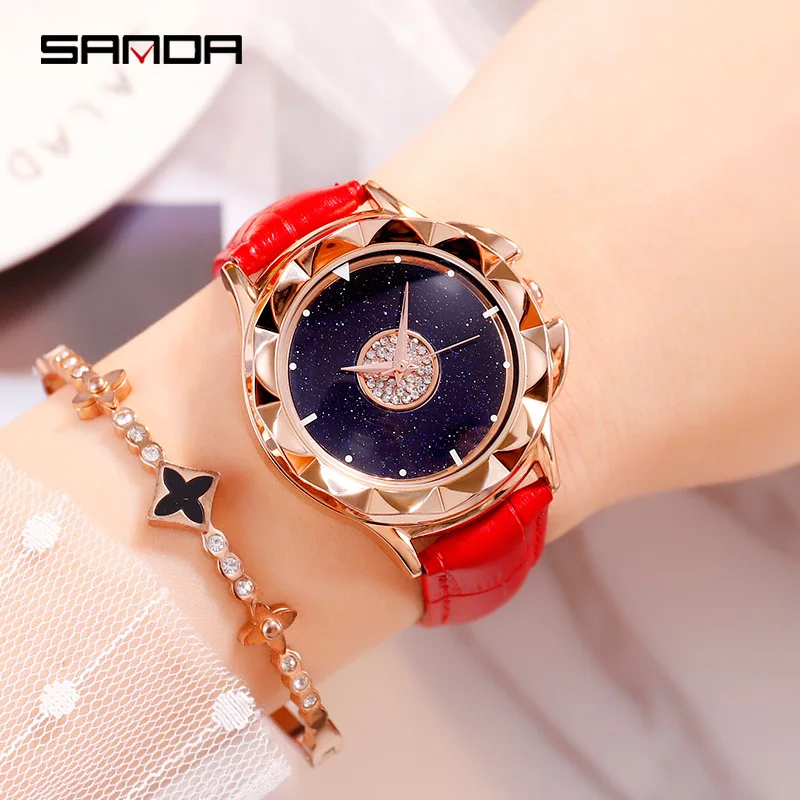 Sanda новые женские часы с ремешком модные трендовые кожа звездная звезда вращение