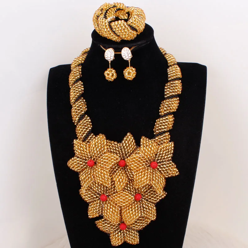 Dudo Store Dubai Necklace Sets For Women Gold Handmade Beaded Flowers African Bridal Jewelry