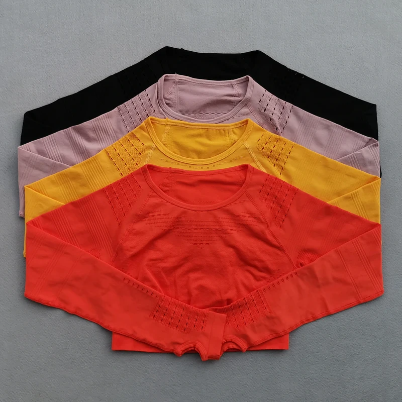 

2 Piece Women Sport Suit Seamless Leggings+Cropped Shirts Gym Clothing Workout Yoga Set Female Long Sleeve Fitness Set Tracksuit