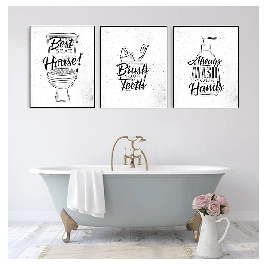

Wall Decor Canvas Painting Brush Canvas Art Poster Black White Fashion Washroom Prints HD2892 Toilet Quote Picture Bathroom