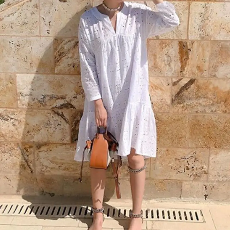 Celmia Elegant Cotton Embroidery Women's Dress Ruffled Korean White Dress New Sexy V-neck Hollow Party Vesridos Plus Size