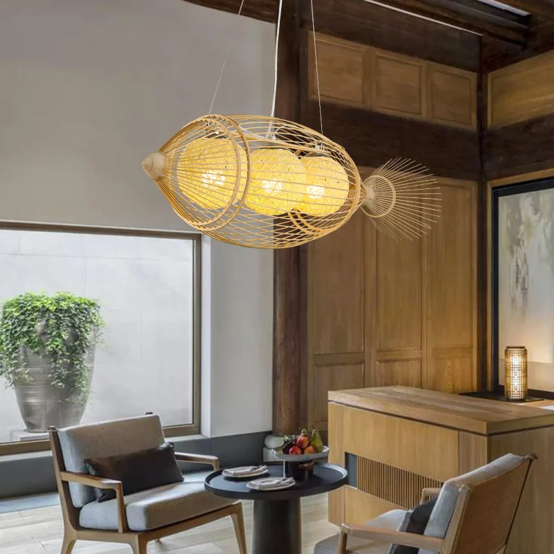 В японском стиле бамбуковое плетеная люстра в форме рыбы чайная комната горячий