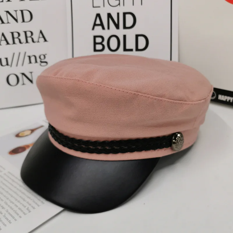Pink Cotton Британский стиль, военная шапка из искусственной кожи, осенне-зимняя шерстяная шляпа моряка для женщин, черная плоская Женская кепка для путешествий, Кепка Капитана - Цвет: Pink Cotton
