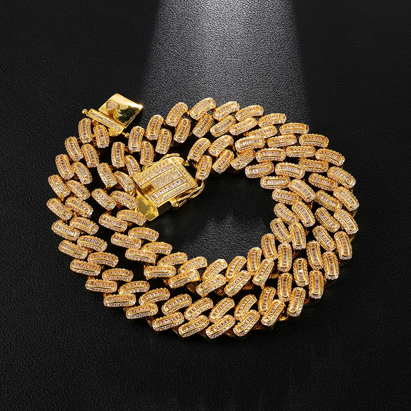 Gold Necklace Hip Hop 15MM Bling Iced Out AAA CZ Square Zircon Cuban Link Chain Necklace For Men's Copper Necklaces For Men Jewelry - Metal Color: Gold Necklace