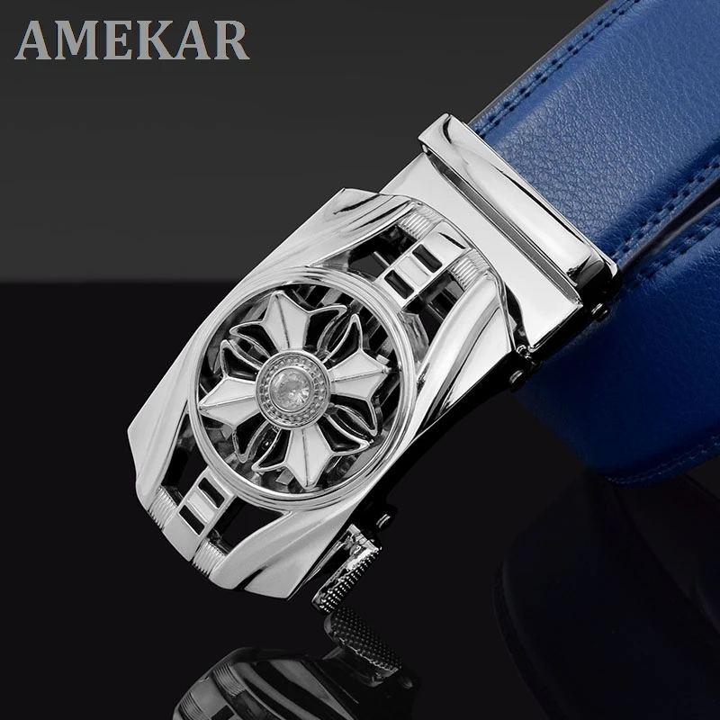 

Rotating Waistband blue Men 's Leather Belt Automatic buckle Leather Fashion Versitile Korean Fashion Crocodile Q9