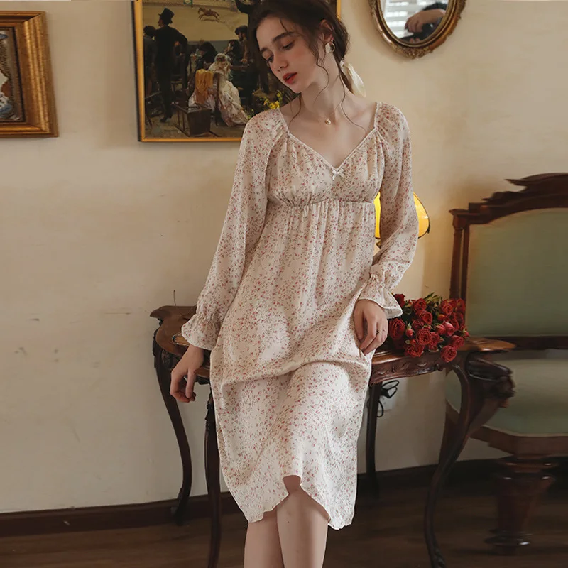 

Princess Nightdress Women Summer Long Sleeve Nightgowns Thin Ice Silk Loose Sleepshirts Sweet Floral Sleepdress Sexy Sleepwear