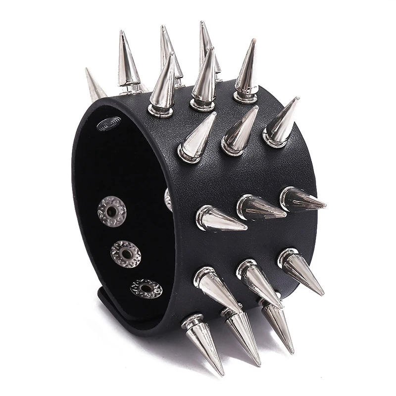 

Jessingshow Punk Jewelry Three Row Cuspidal Spikes Rivet Stud Wide Cuff Leather Gothic Rock Unisex Black Bangle Bracelet Gift