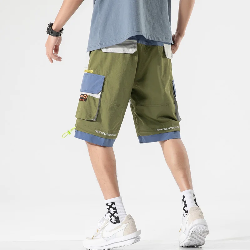 

Bermuda Shorts Men New Contrast Color Patchwork Fashion Summer Stylish Multi Pocket Loose Cargo Shorts