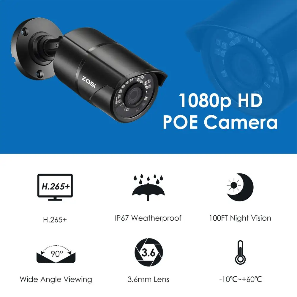 IP камера ZOSI H.265 1080P 2 МП цилиндрическая для системы видеонаблюдения 8 канальной poe