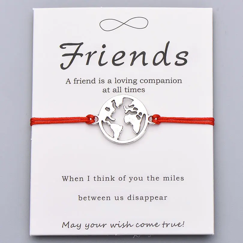 red with card Pipitree модный браслет дружбы, красная нить на удачу, Карта мира, браслеты для женщин, мужчин, друзей, ювелирный подарок, регулируемый - Окраска металла: red with card