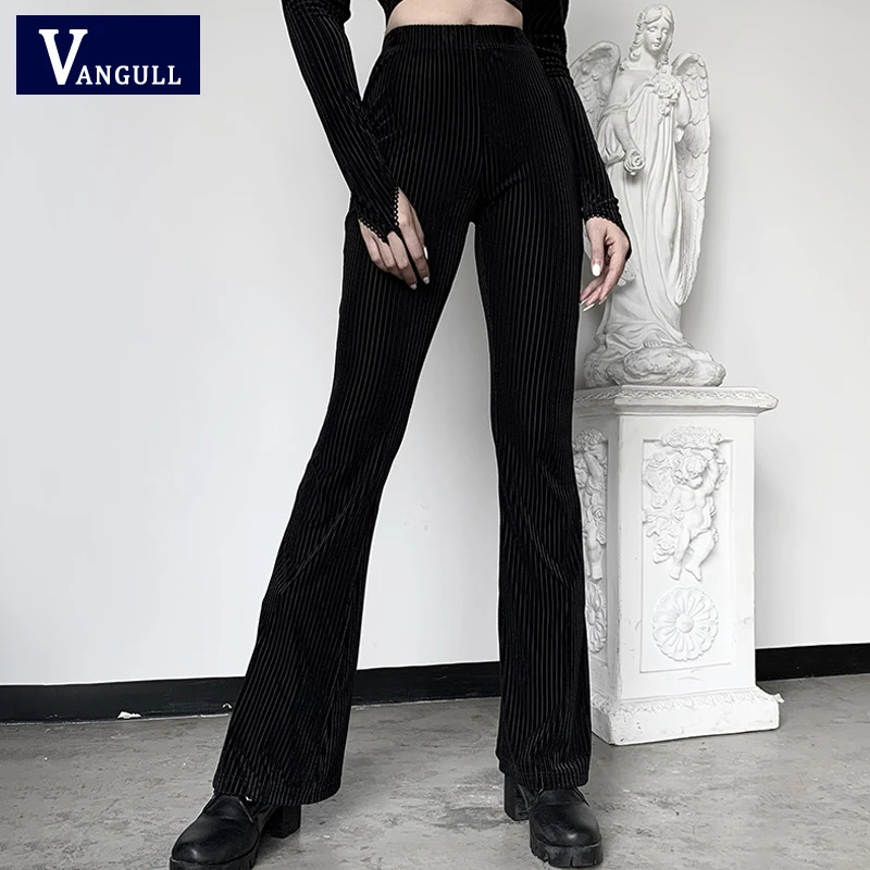 

Vangull Black Velvet Stripe Flare Pants Women Elastic High Waist Legging Casual Trousers Autumn Elegant Long Pants Women Capris