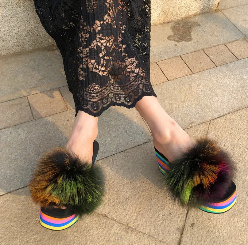 

Hot Sale Womens Rainbow Colors Real Fox Fur Decor Slipper Platform Muffin Super High Wedge Heel Shoes Slides Slingback New Mules