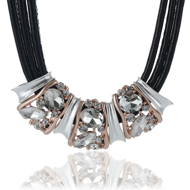 

ELOYHI Women Necklace Geometric Big Glass Top Quality Double Collar Leather Choker For Lady Punk Trendy Neckalce&Pendants Gift