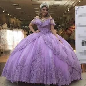 Lilac Ball Gown Quinceanera Dresses Off Shulder Lace up Back Sweep Train Appliques Beads Long Fromal Prom Gowns