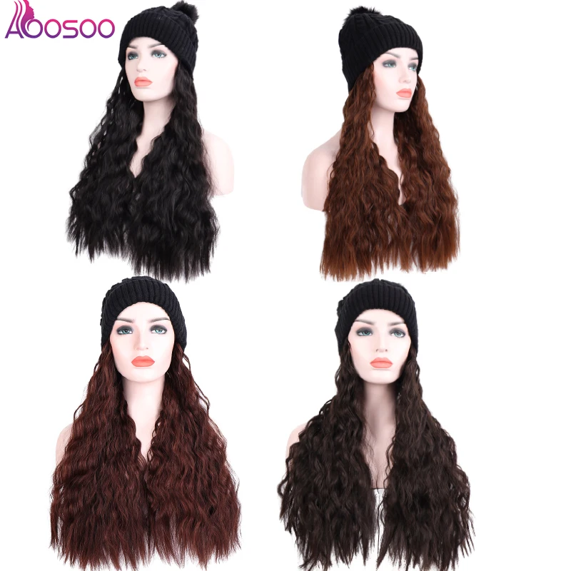 Новая женская шапка длинный вьющийся парик с зимней вязаной толстой шапкой