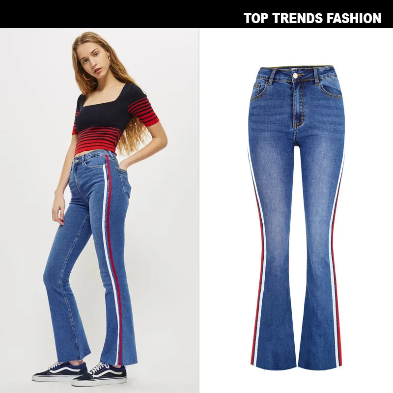 

high waisted side ribbons wide-leg leisure jeans woman 2020
