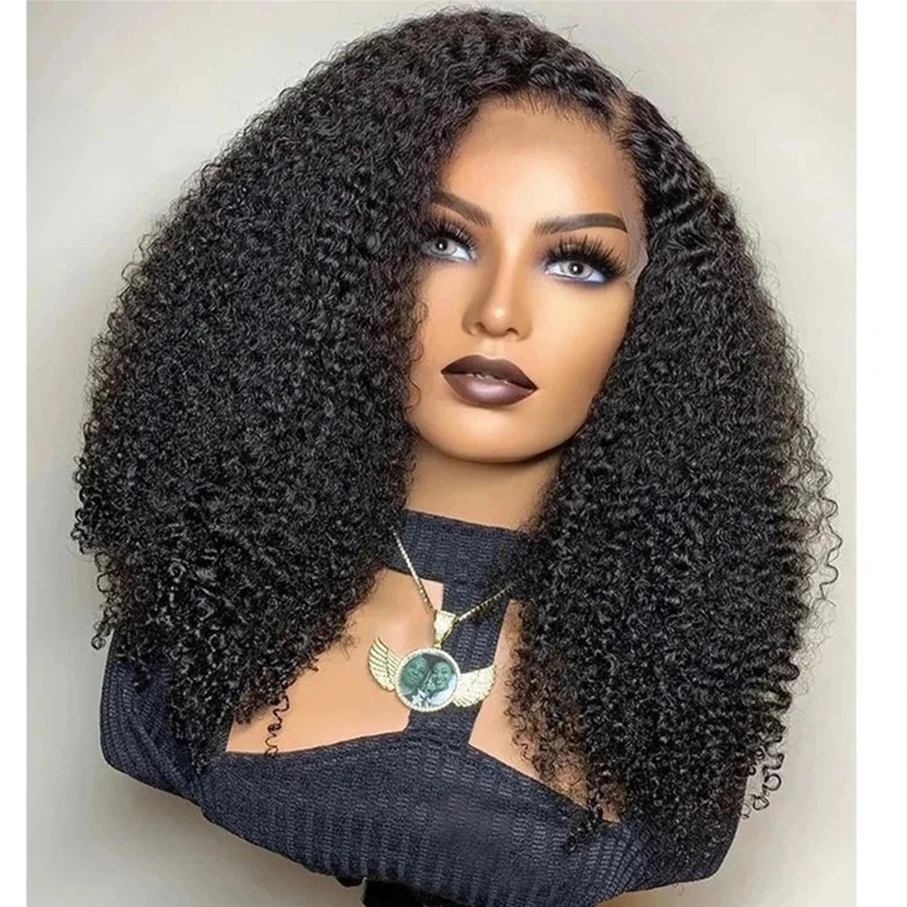 

Natural Black Color Kinky Curly Synthetic Lace Front Wig 180% Heavy Density Heat Resistant Fiber Wate Wave T Part Wig Daily Wear