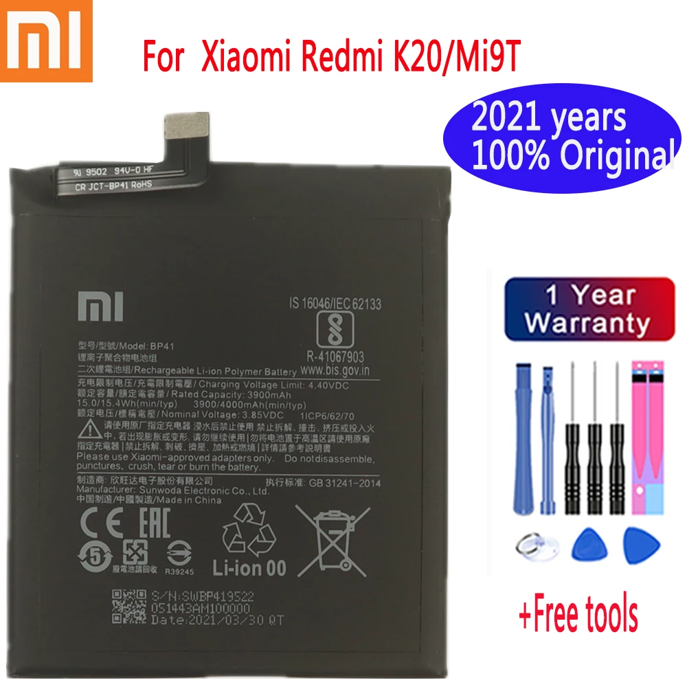 2021 года 100% оригинальный аккумулятор для Xiaomi Redmi K20/ Mi 9T 3900 мАч BP41 сменный литий