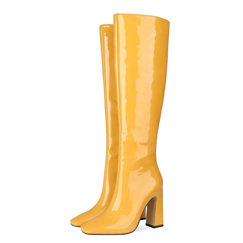

Lady Knight Boots Spring Autumn Square Toe Patent Leather Zipper Women's Shoes Winter Thick High-Heel Large Size Knee High Boots