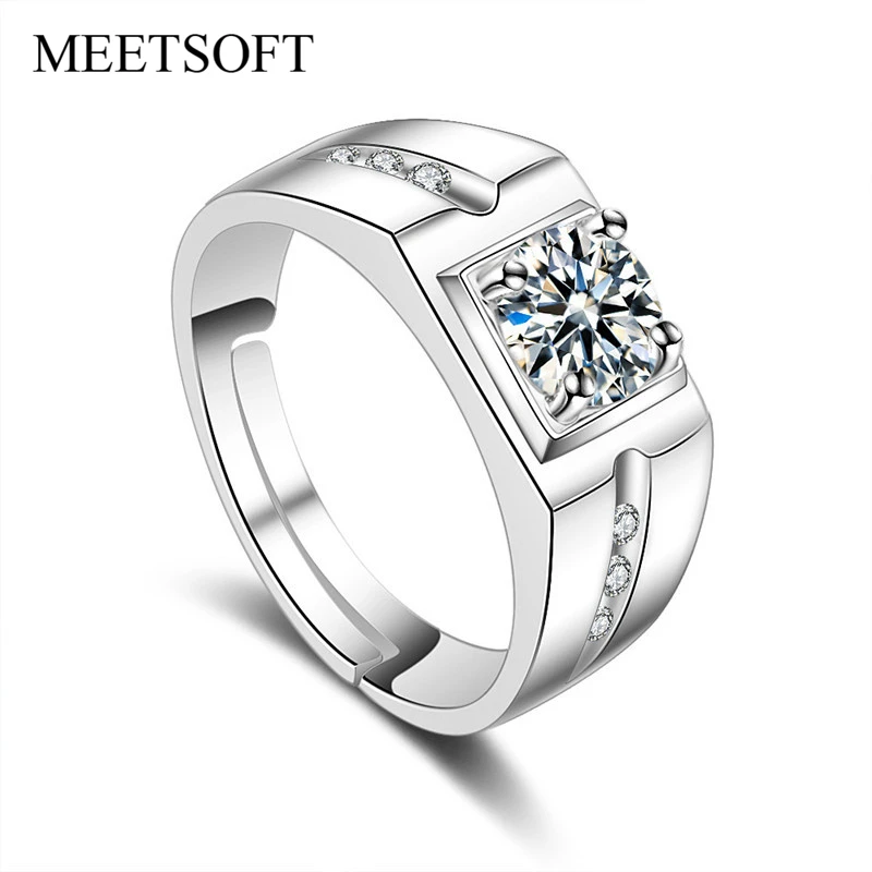 

MEETSOFT классическое минималистичное Открытое кольцо из стерлингового серебра 925 пробы с квадратным муассанитом из циркония для мужчин и женщ...