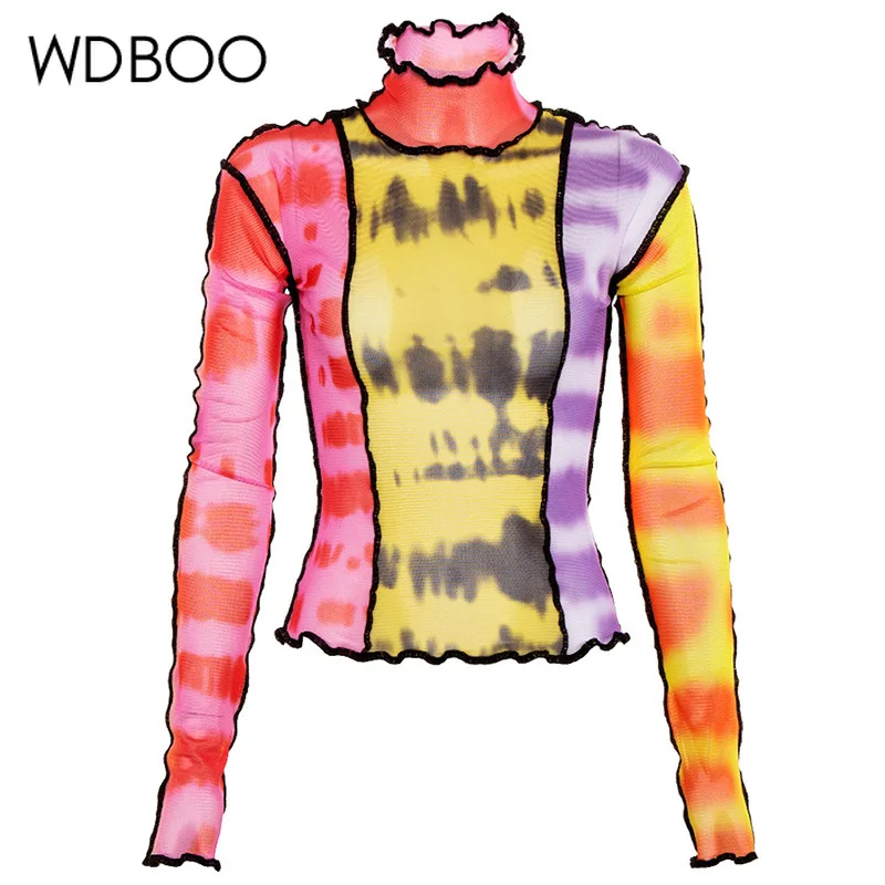 Изящная тонкая Сетчатая футболка WDBOO осенняя цветная прозрачная с длинным