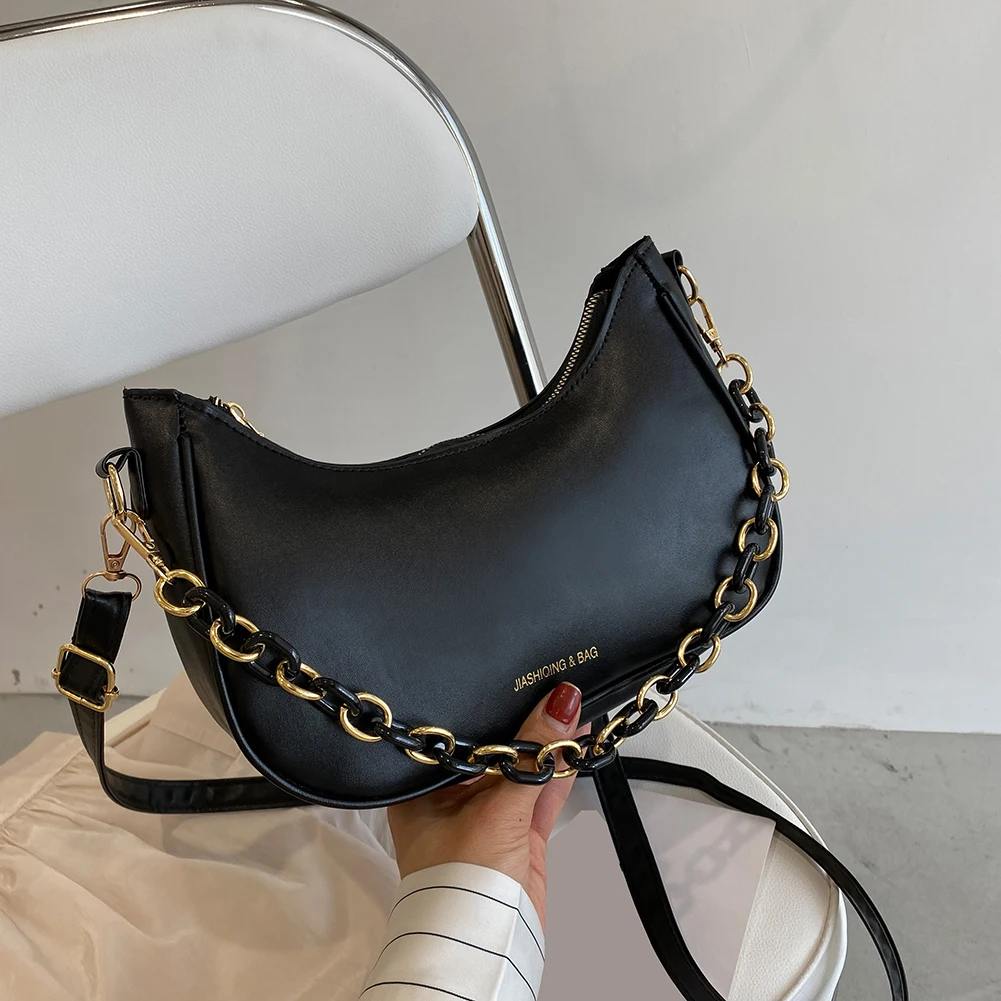 

Fashion Women PU Leather Shoulder Crossbody Messenger Bag Casual Ladies Thick Chain Solid Color Hobos Handbags Purse