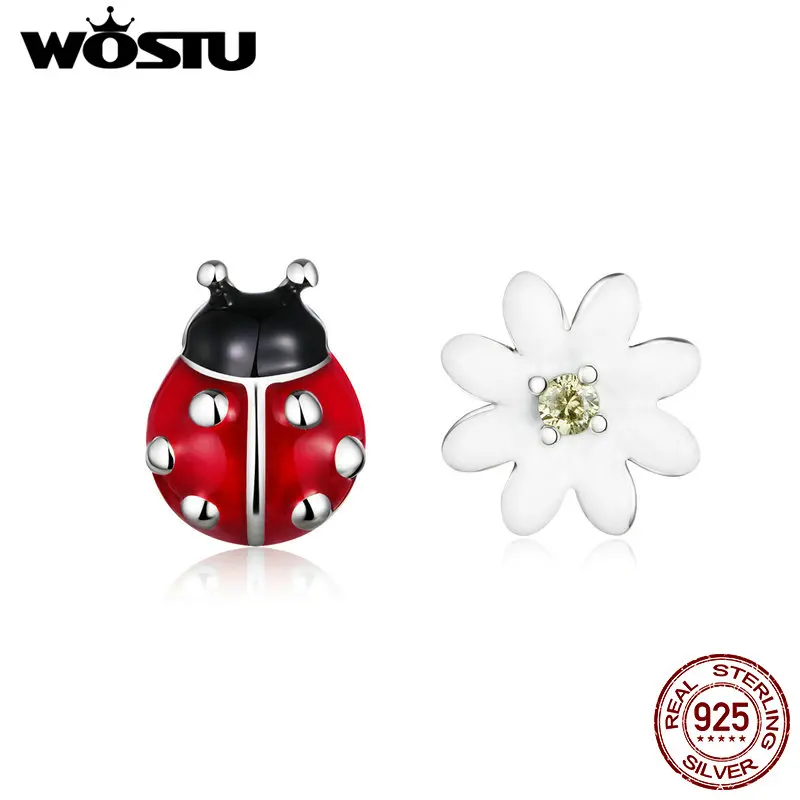 WOSTU 100% Стерлинговое Серебро 925 пробы серьги-гвоздики с божьей коровкой и