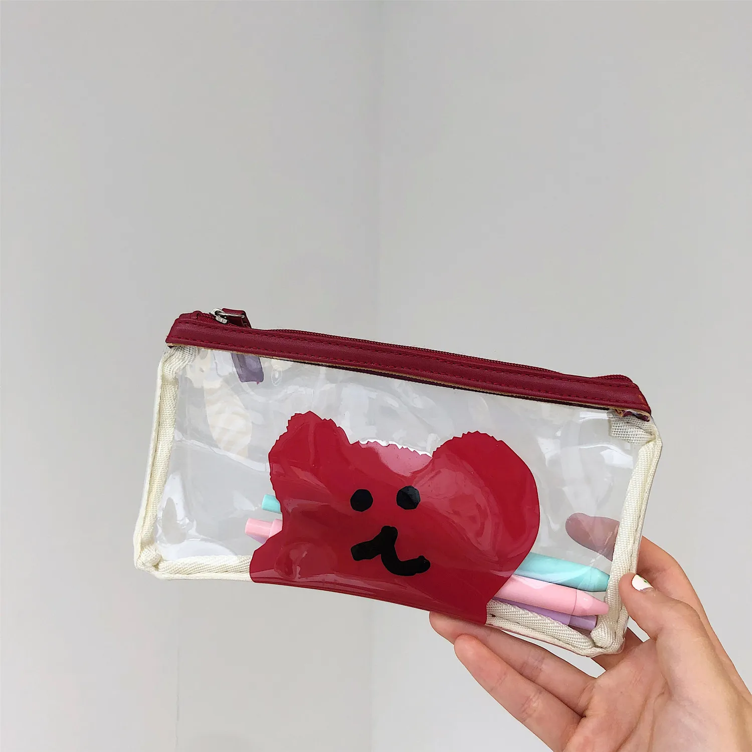 Чехол карандаш из ПВХ SIXONE Ins с рисунком маленького медведя прозрачный корейский