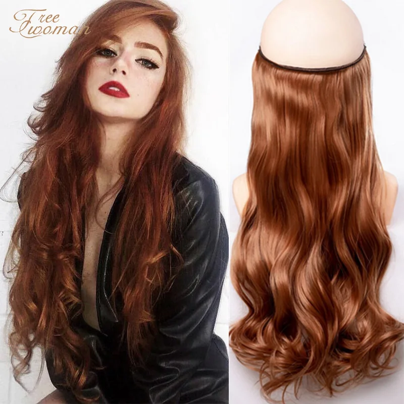 

FREEWOMAN Brown Invisible Wire No Clips In Hair Extensions Secret Fish Line Hairpieces Synthetic Straight Wavy Hair Extensions