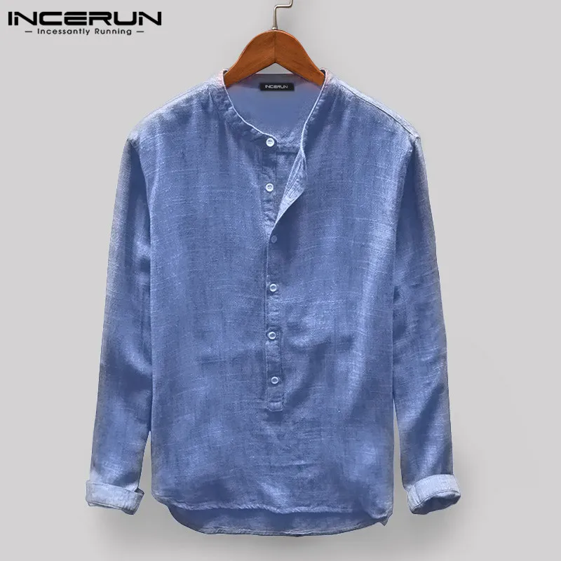 INCERUN Men Casual Shirt Stand Collar Long Sleeve Tops Pullover Leisure Button Japanese Men Basic Shirts Camisa Harajuku  2022