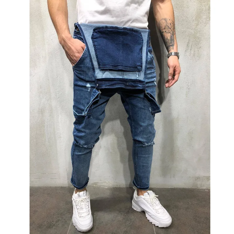 Стильный мужской комбинезон рваные штаны байкерские черные брюки повседневные