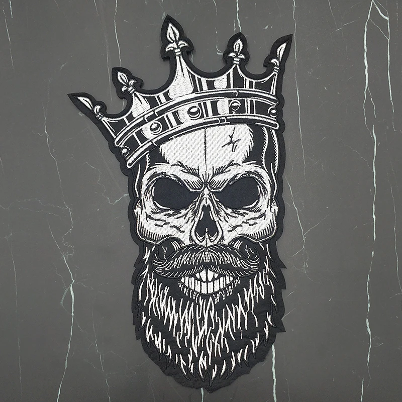 

New Large Embroidery Black And White Domineering Crown Moustache Skull Patches Applique For Clothes Jacket Iron on DIY Decorate
