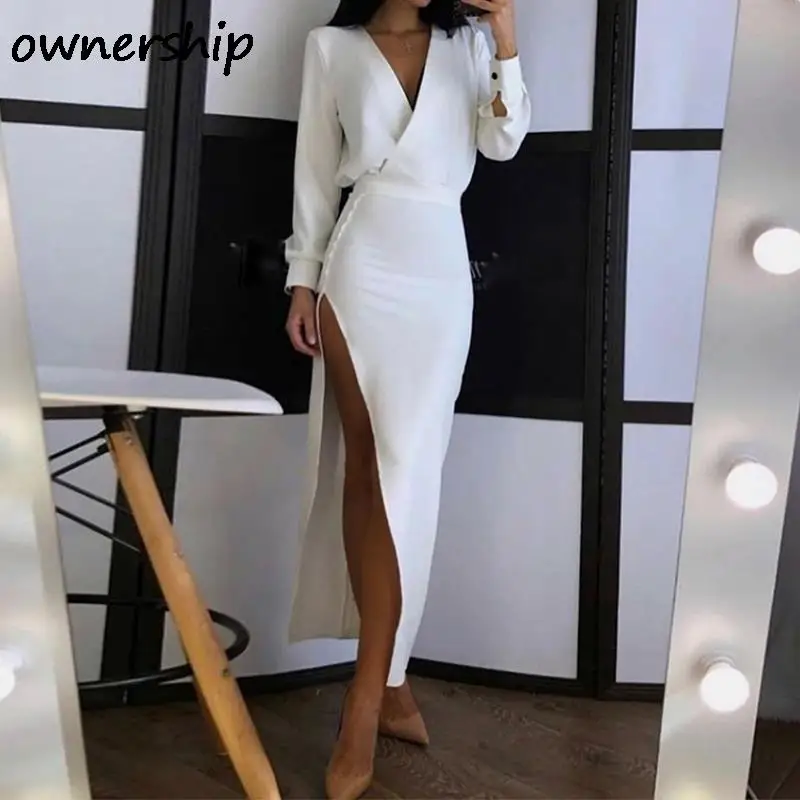 

Elegant Long Sleeve White Bodycon Long Dress for Women Slit Sexy Party Evening Maxi Dresses 2021 Red Christmas Festival Clothing