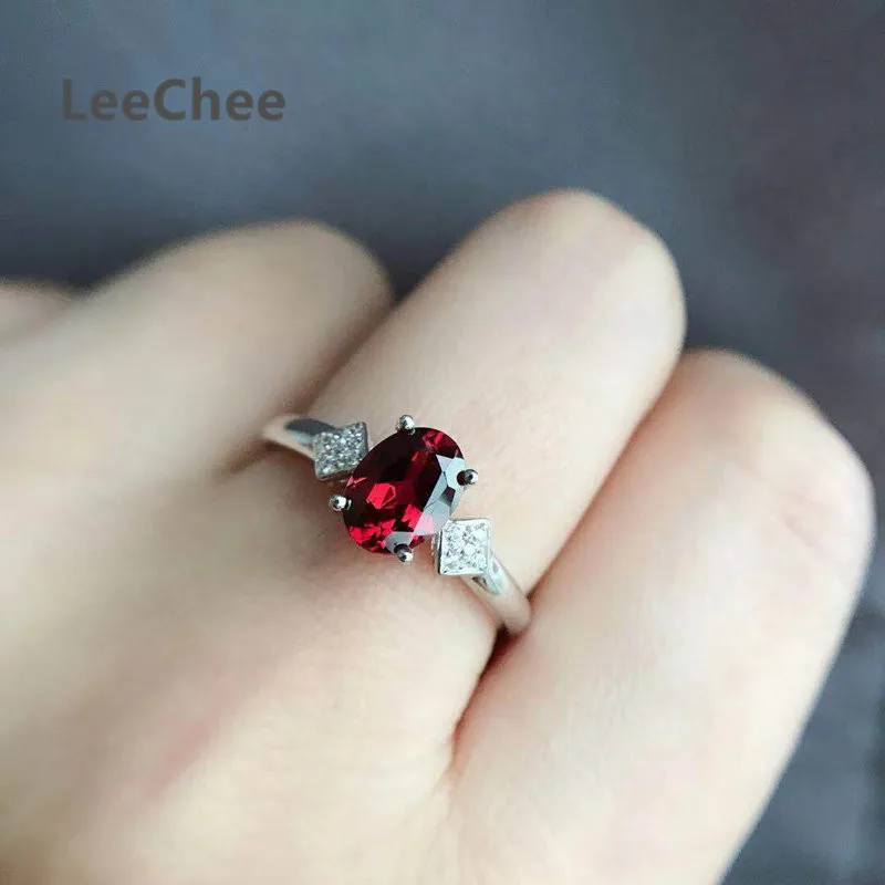 LeeChee 100% Кольцо с натуральным гранатом 925 пробы Серебряный винно-красный